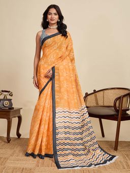 Suha - Orange Cotton Linen Printed Saree with Unstitched Blouse