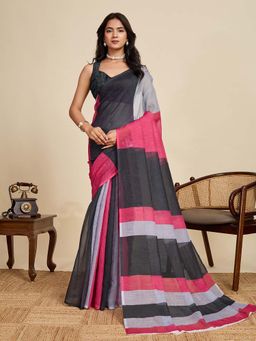 Suha - Black Cotton Linen Printed Saree with Unstitched Blouse