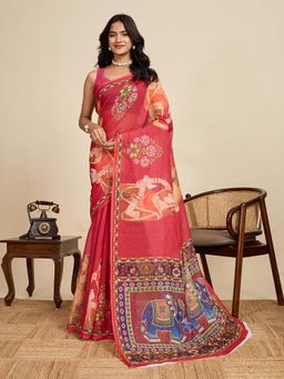 Suha - Red Cotton Linen Ethnic Printed Saree with Unstitched Blouse