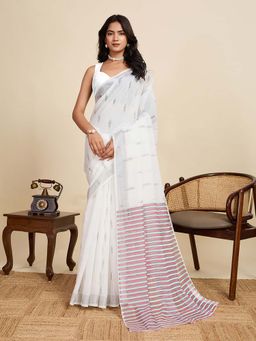 Suha - White Cotton Linen Printed Saree with Unstitched Blouse