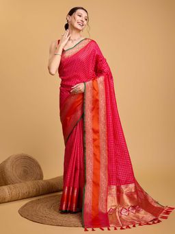 Suha - Red Jacquard Woven Checkered Saree with Unstitched Blouse