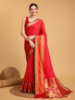 Suha - Red Jacquard Woven Checkered Saree with Unstitched Blouse