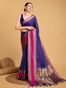 Suha - Blue Jacquard Woven Checkered Saree with Unstitched Blouse