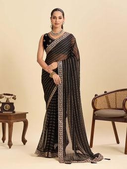 Suha - Black Embellished Georgette Striped Saree with Unstitched Blouse