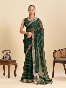 Suha - Green Embellished Georgette Striped Saree with Unstitched Blouse