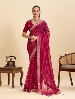 Suha - Red Embellished Georgette Striped Saree with Unstitched Blouse