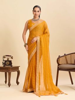 Suha - Yellow Embellished Georgette Striped Saree with Unstitched Blouse