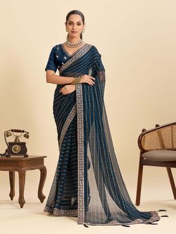 Suha - Navy Embellished Georgette Striped Saree with Unstitched Blouse