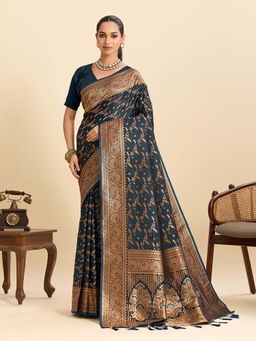 Suha - Teal and Gold Soft Art Silk Woven Design Saree with Unstitched Blouse