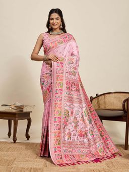Suha - Pink Semi-Pashmina Ethnic Woven Saree with Unstitched Blouse