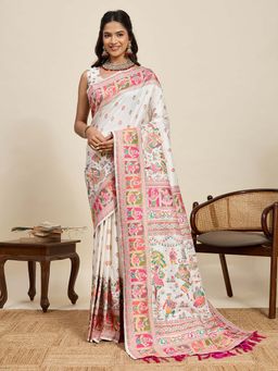 Suha - White and Pink Semi-Pashmina Ethnic Woven Saree with Unstitched Blouse