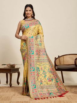 Suha - Yellow Semi-Pashmina Ethnic Woven Saree with Unstitched Blouse