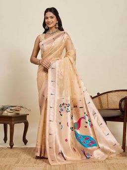 Suha - Beige Semi Cotton Silk Meenakari Motifs Paithani Saree with Unstitched Blouse