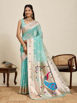 Suha - Blue Semi Cotton Silk Meenakari Motifs Paithani Saree with Unstitched Blouse