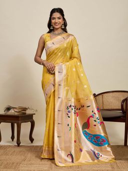 Suha - Yellow Semi Cotton Silk Meenakari Motifs Paithani Saree with Unstitched Blouse