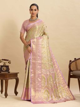 Suha - Pista Green and Pink Semi Art Silk Woven Design Saree with Unstitched Blouse