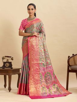 Suha - Green and Pink Semi Art Silk Woven Design Saree with Unstitched Blouse