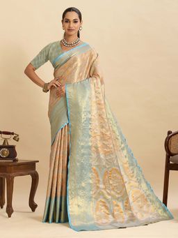 Suha - Orange and Sky Blue Semi Art Silk Woven Design Saree with Unstitched Blouse