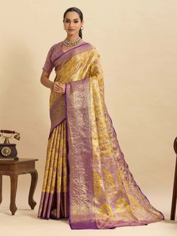 Suha - Yellow and Purple Semi Art Silk Woven Design Saree with Unstitched Blouse