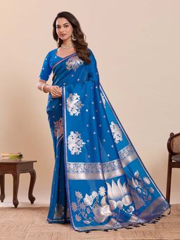 Suha - Soft Art Silk Floral Paithani Blue Saree with Unstitched Blouse