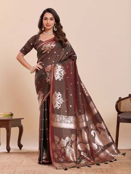 Suha - Soft Art Silk Floral Print Paithani Brown Saree with Unstitched Blouse