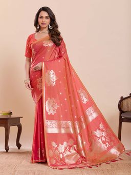 Suha - Soft Art Silk Floral Print Paithani Coral Peach Saree with Unstitched Blouse