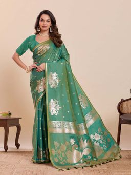 Suha - Soft Art Silk Floral Print Paithani Green Saree with Unstitched Blouse