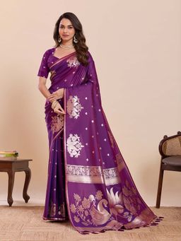 Suha - Soft Art Silk Floral Print Paithani Purple Saree with Unstitched Blouse