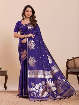 Suha - Soft Art Silk Floral Paithani Blue Saree with Unstitched Blouse