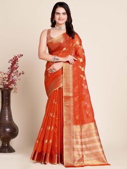 Suha - Orange and Golden Woven Saree with Unstitched Blouse