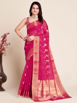 Suha - Pink and Golden Woven Saree with Unstitched Blouse