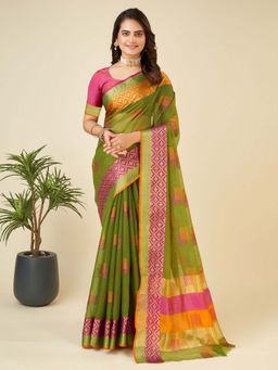 Suha - Olive Green Cotton Silk Woven Saree with Unstitched Blouse