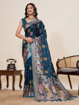 Suha - Blue and Silver Woven Design Saree with Unstitched Blouse