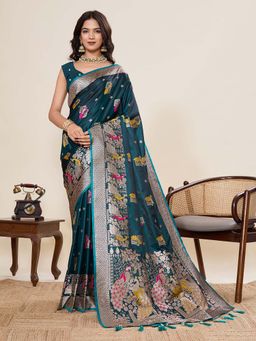 Suha - Teal and Silver Woven Design Saree with Unstitched Blouse
