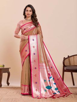 Suha - Dark Beige and Pink Soft Art Silk Floral Paithani Woven Saree with Unstitched Blouse