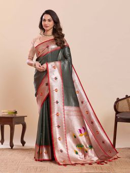 Suha - Dark Green and Red Soft Art Silk Floral Paithani Woven Saree with Unstitched Blouse