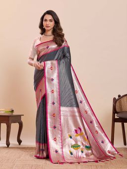 Suha - Charcoal Grey and Pink Soft Art Silk Floral Paithani Woven Saree with Unstitched Blouse