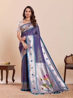 Suha - Blue and Silver Soft Art Silk Floral Paithani Woven Saree with Unstitched Blouse
