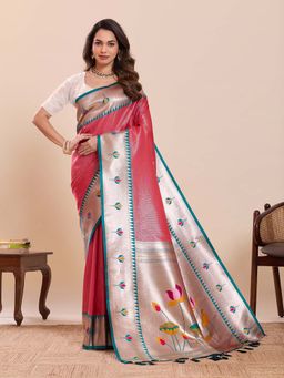 Suha - Pink and Silver Soft Art Silk Floral Paithani Woven Saree with Unstitched Blouse