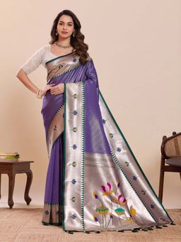 Suha - Purple and Silver Soft Art Silk Floral Paithani Woven Saree with Unstitched Blouse
