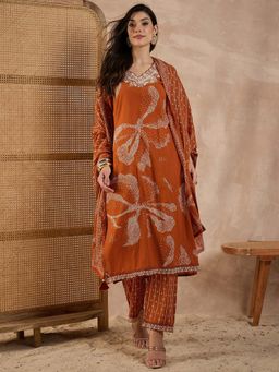 CHETI - Rust Printed And Embroidered Kurta With Pant With Dupatta Set
