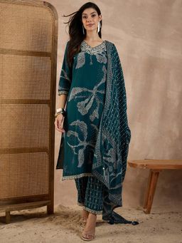 CHETI - Navy Blue Printed And Embroidered Kurta With Pant With Dupatta Set