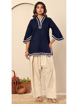 Kasya - Navy Blue Lace Trim Ethnic Tunic With Farshi Pant
