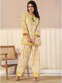 Kasya - Yellow Floral Printed Tunic With Farshi Pant