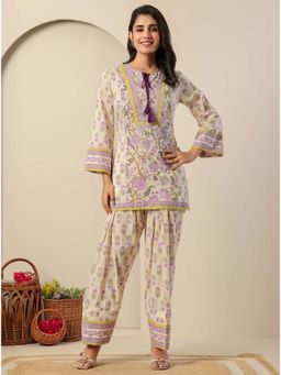Kasya - Cream Floral Printed Tunic With Farshi Pant