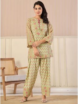 Kasya - Green Printed Chanderi Tunic With Farshi Pant
