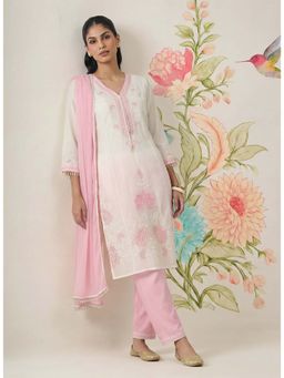 Lakshita - White Embroidered Georgette Kurta, Pant with Dupatta