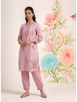 Lakshita - Pink Embroidered Cotton Blend Kurta With Pant