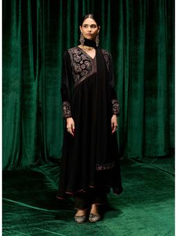 Lakshita - Black Zari Embroidered Velvet A-line Kurta, Pant With Dupatta
