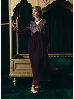 Lakshita - Maroon Zari Embroidered Velvet A-line Kurta With Pant